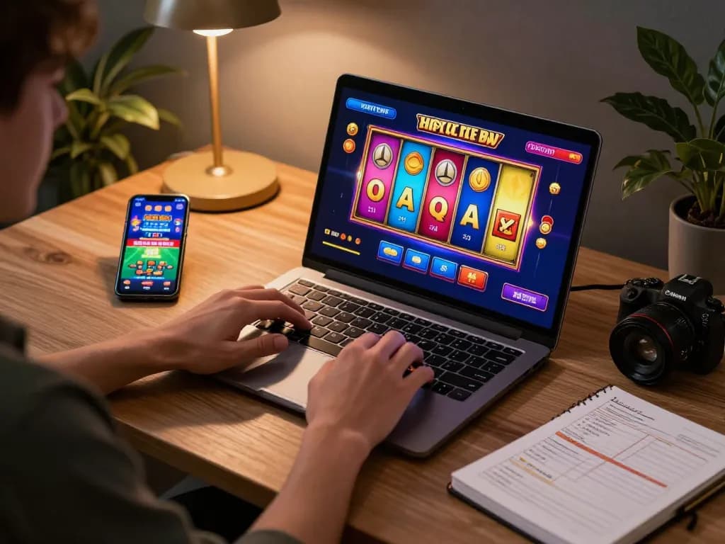 Engaging in online casino slots gameplay on CM88 featured in a cozy home office setting