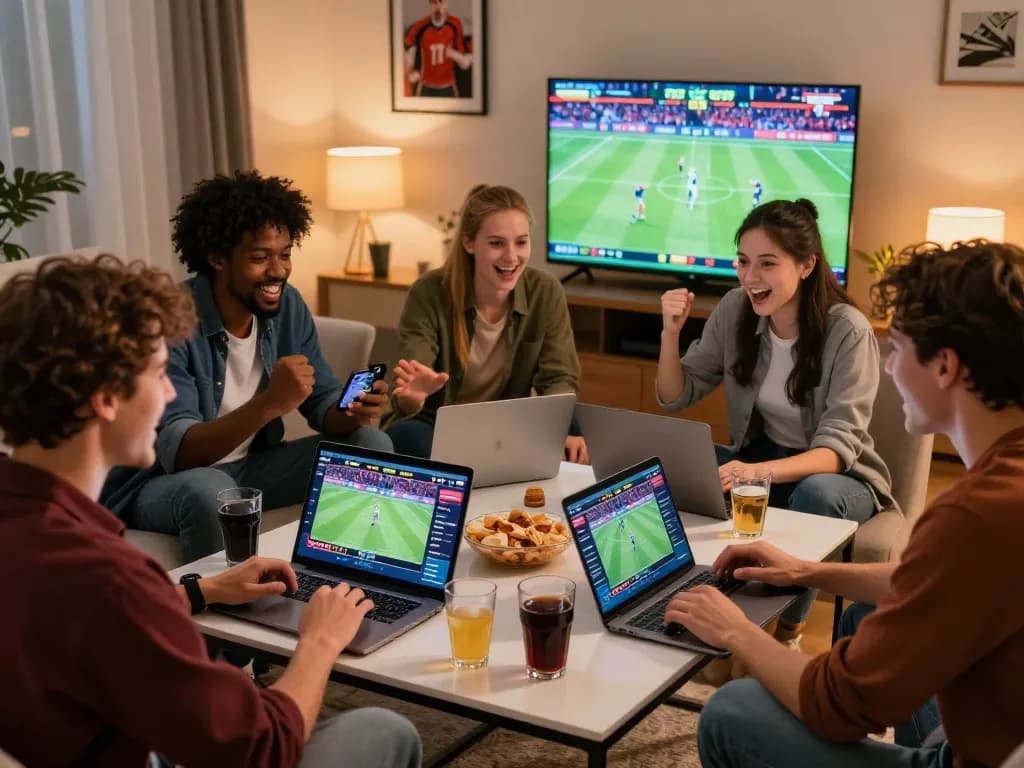 Group of friends enjoying online betting experience with TV88 on laptops and smartphones in a cozy living room.
