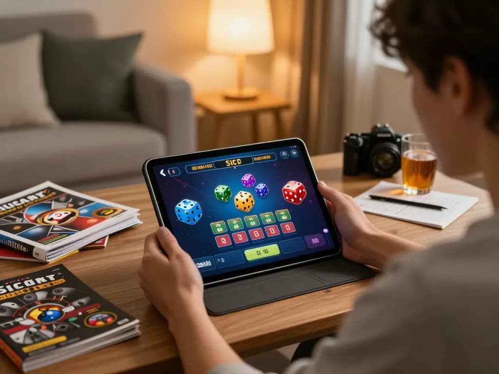 Sicbo gameplay on a tablet in a cozy live gaming setup with vibrant interface.