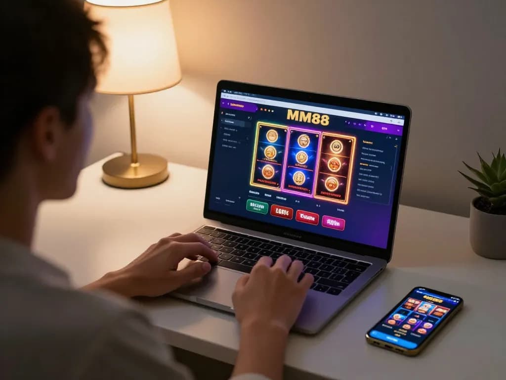 Player engaging with MM88 casino game interface in a cozy home environment