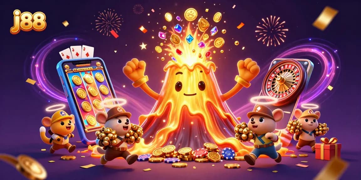 Experience j88 excitement with a golden volcano shooting coins in a vibrant casino atmosphere.