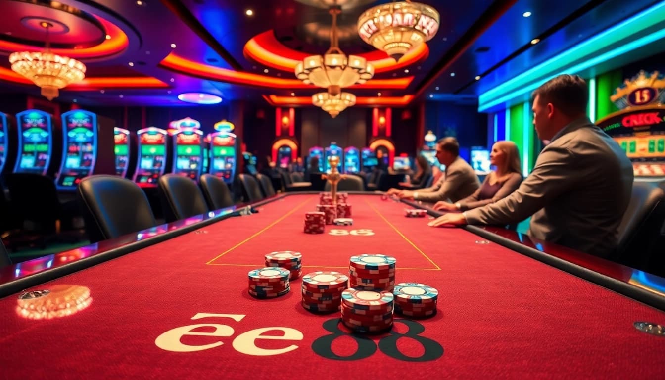 Exciting poker action at Ee88 casino with vibrant lighting and high-stakes chips.