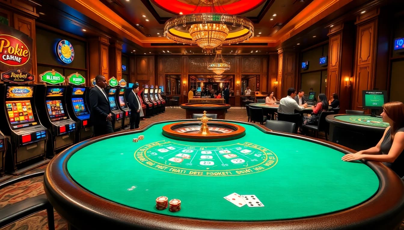 Engaging casino scene with 188bet, featuring poker tables, vibrant slot machines, and roulette.