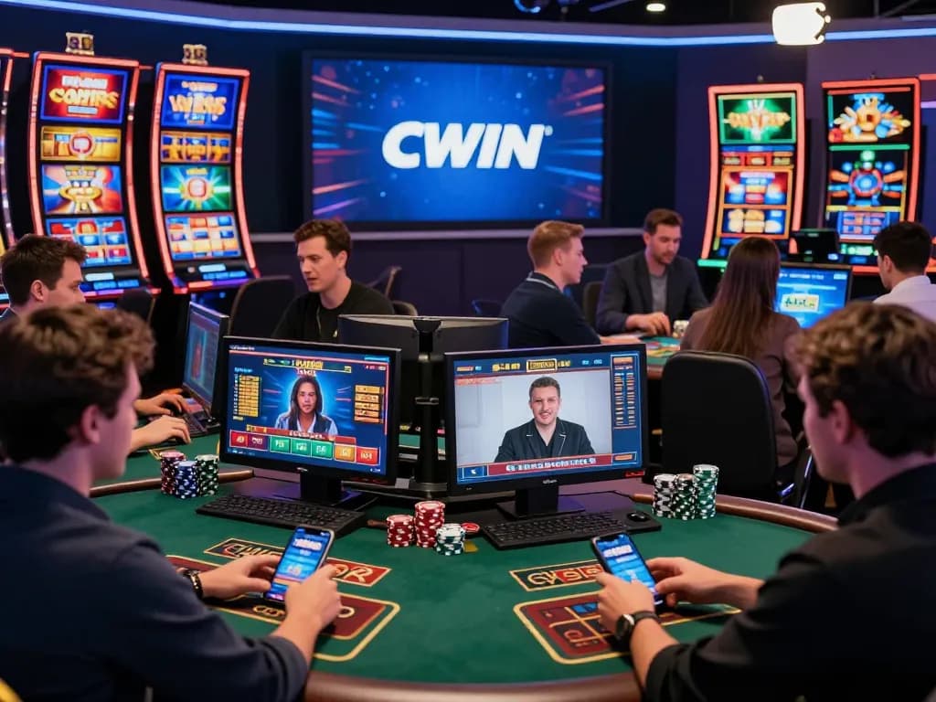 Engaging scene at trang chủ cwin showcasing players enjoying diverse online casino games in a modern setting.