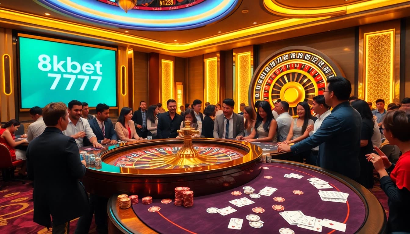 Experience the thrilling atmosphere of 8kbet 7777 at a luxury casino poker table.