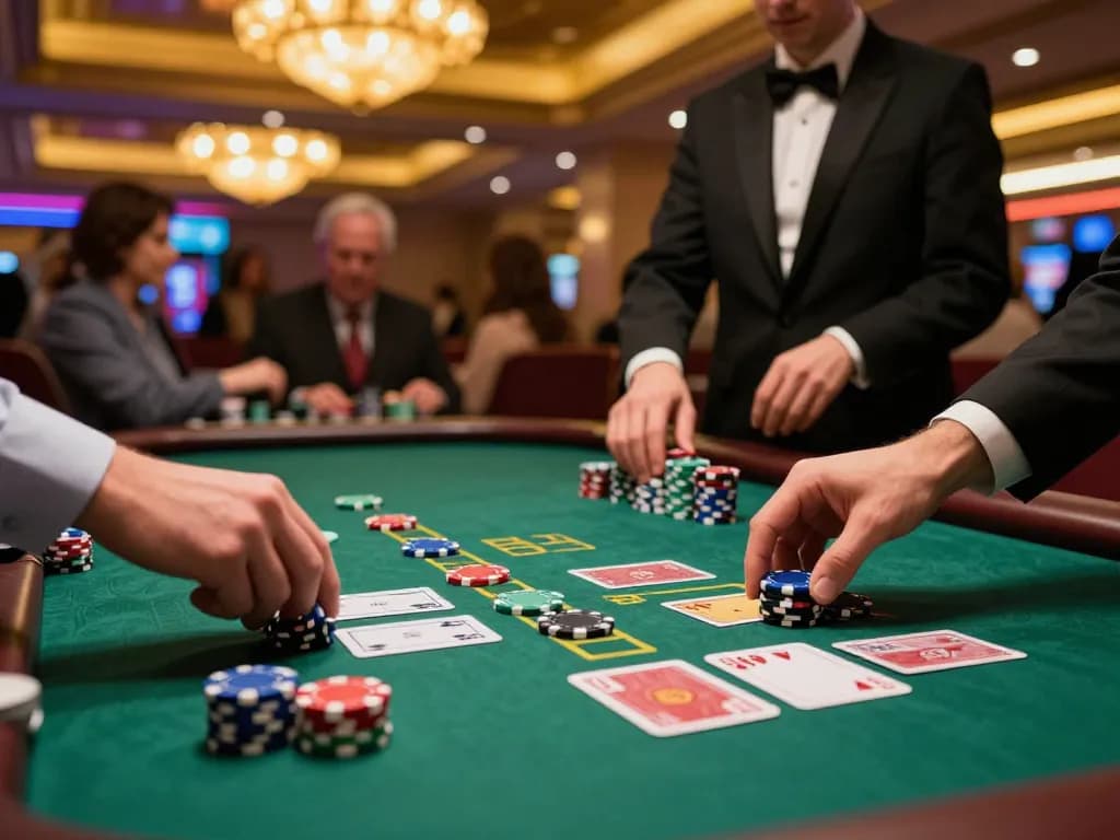VT88 player celebrating a win at an intense blackjack game in a vibrant casino atmosphere.