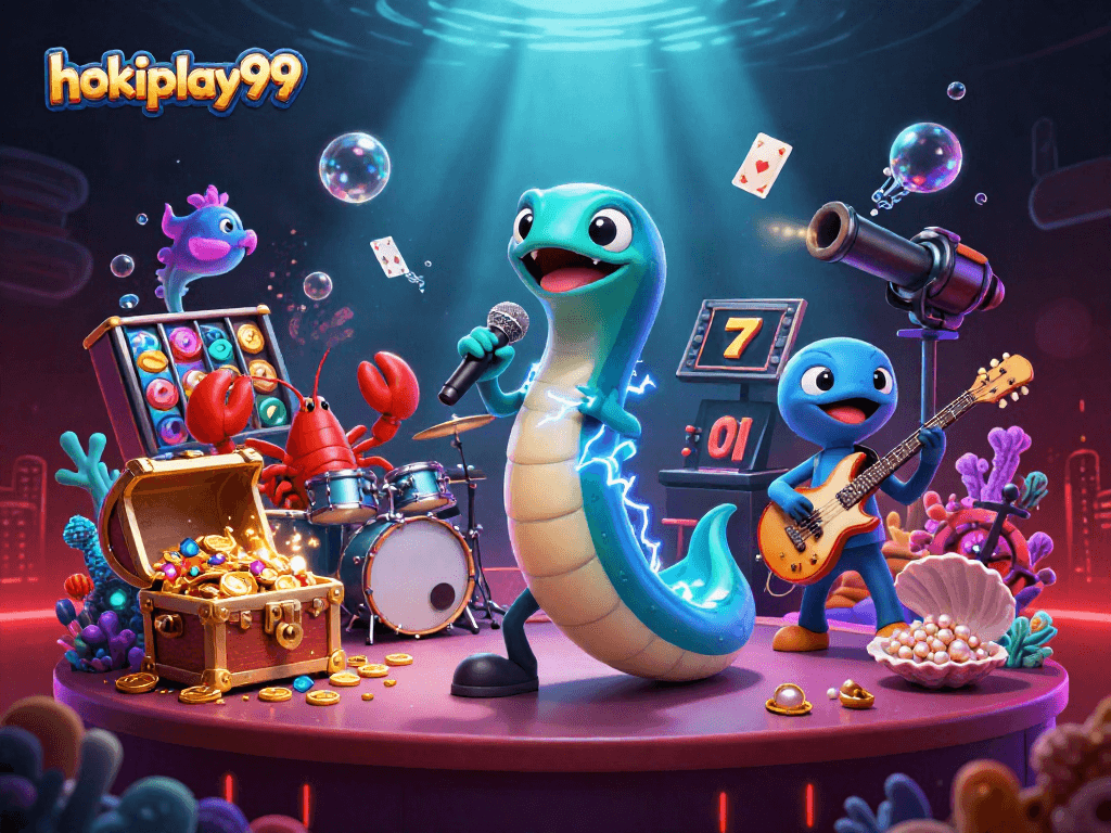 Rasakan keseruan di hokiplay99 dengan karakter ikan listrik DJ dan band laut di kasino bawah laut.