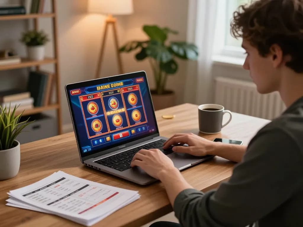 Engaging gameplay on kdslot platform, showcasing vibrant online slot machines in a cozy home office.