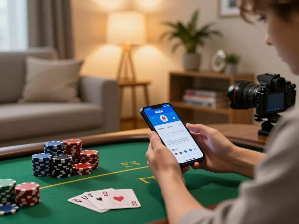 Player engaging with the 88GO app in a cozy home setting, surrounded by poker chips and cards.