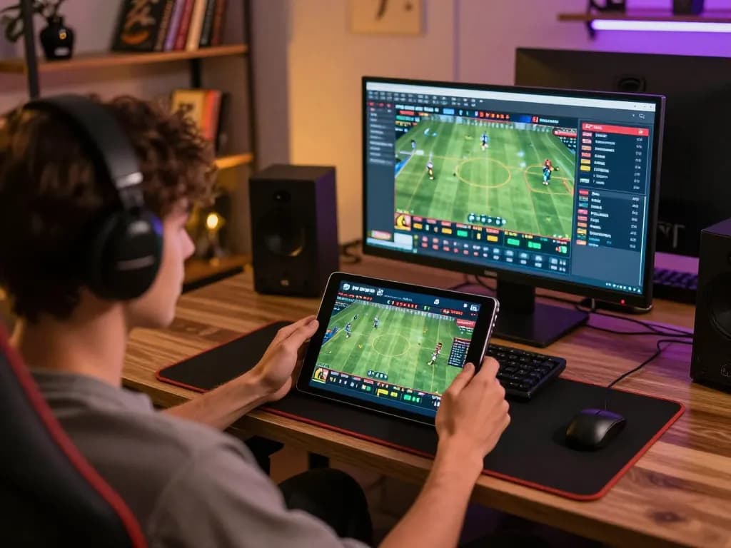 Kuwin user actively placing bets on a tablet, showcasing live sports betting odds in a cozy home setting.