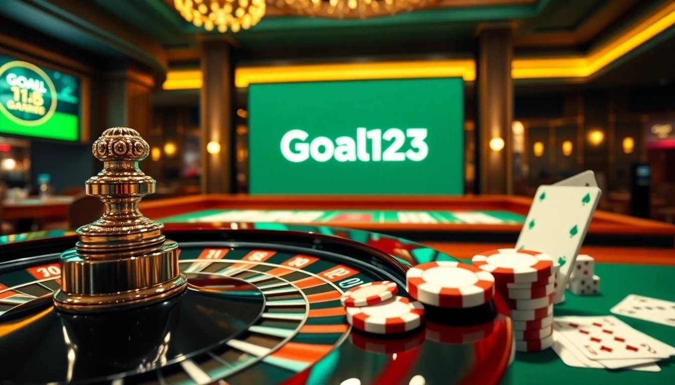 Engaging online gambling scene featuring Goal123 casino elements with roulette wheel, poker chips, and cards.