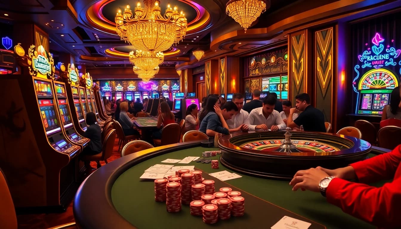 Players enjoying high-stakes gaming at an S8-themed casino, featuring poker chips and roulette tables.