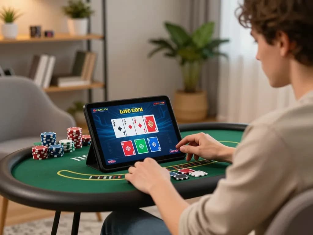 Person engaging in live dealer blackjack on a tablet at home, emphasizing nohu responsibility.