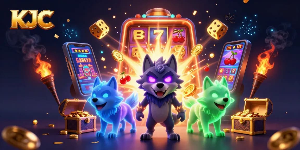 KJC leads players into a thrilling jackpot experience with a majestic casino scene filled with vibrant game elements.