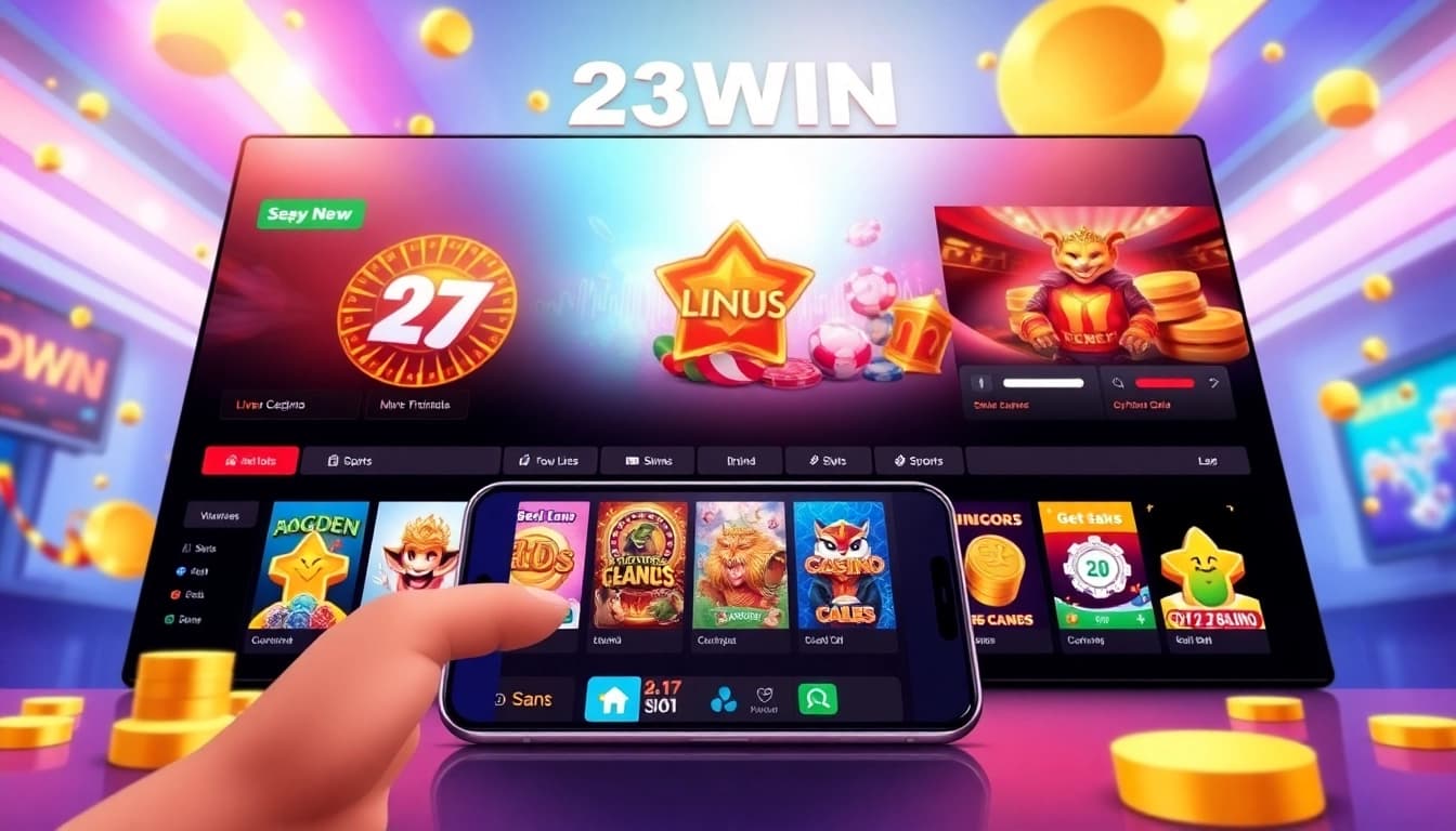 Dynamic 23WIN online casino interface showcasing games and accessibility across devices.