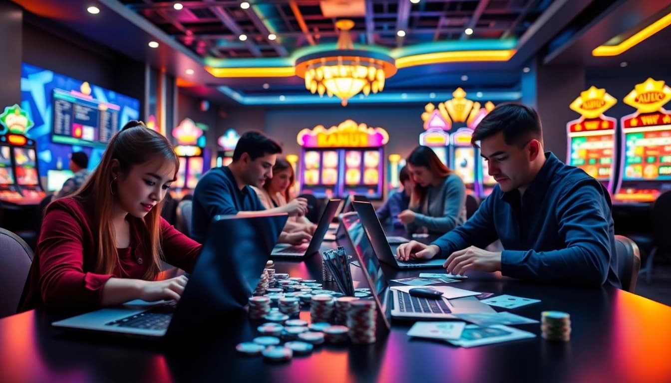 Engaging V9bet casino gaming scene with modern players enjoying online games on laptops and mobile devices.