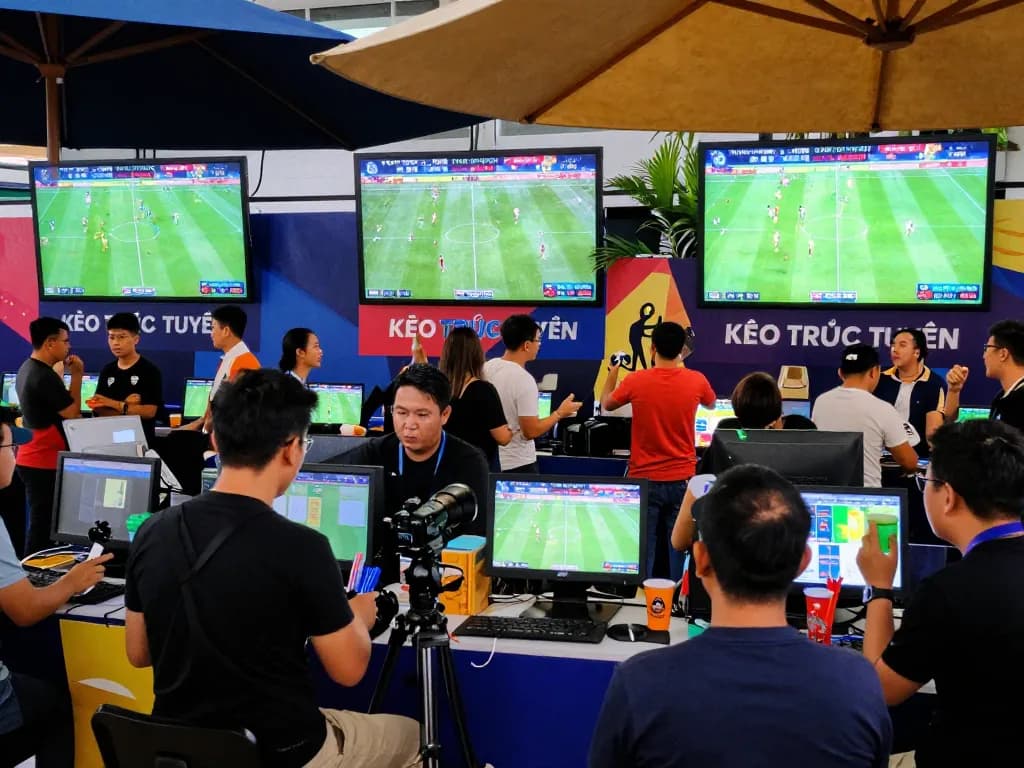 KÈO TRỰC TUYẾN engaging sports fans at a vibrant outdoor betting venue during a major football match