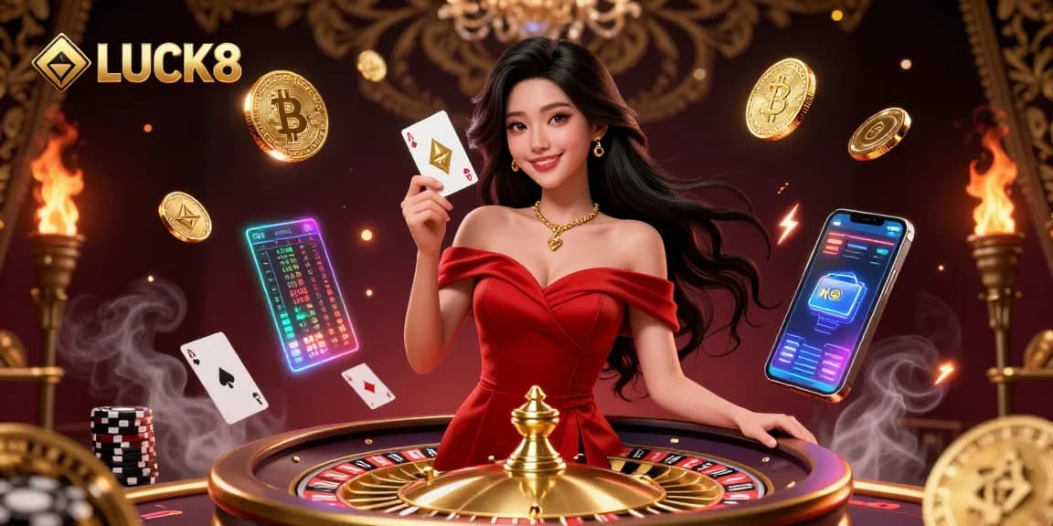 Experience thrilling games at LUCK8 with a stunning illustration showcasing a glamorous Asian woman and casino elements.