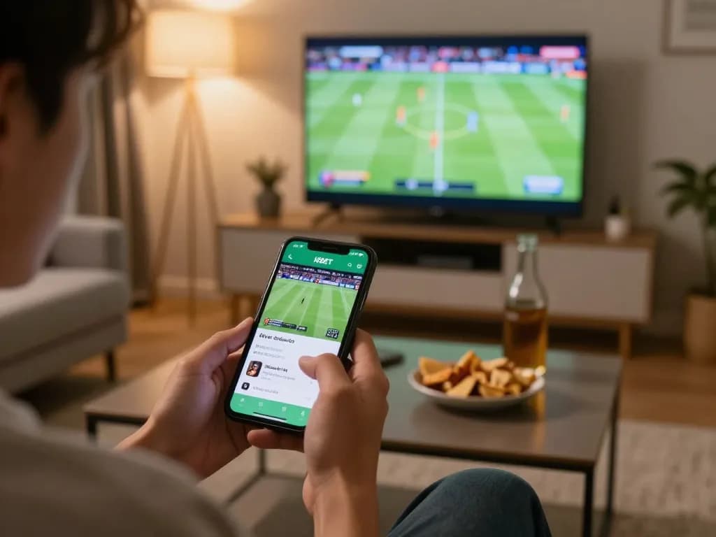 I9BET app user placing live sports bets during an exciting game night at home