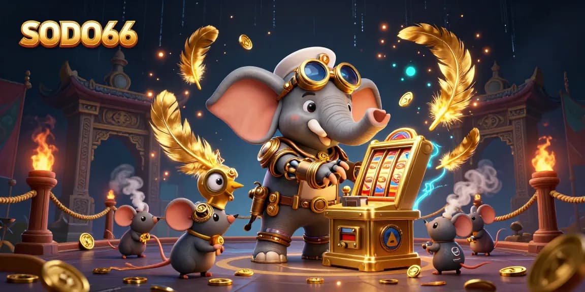 SODO66 gaming illustration featuring a steampunk elephant engineer at a slot machine in a vibrant casino setting.