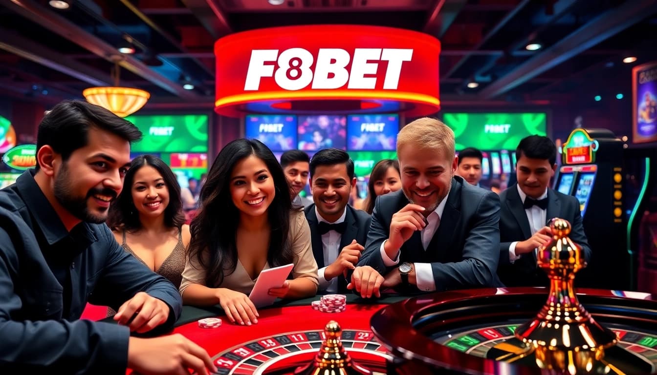 Exciting casino atmosphere with F8BET branding, showcasing players engaged in games of chance.