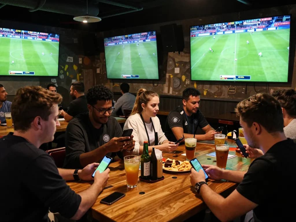 Excited fans engaging with Trực tiếp bóng đá while placing bets in a lively sports bar atmosphere