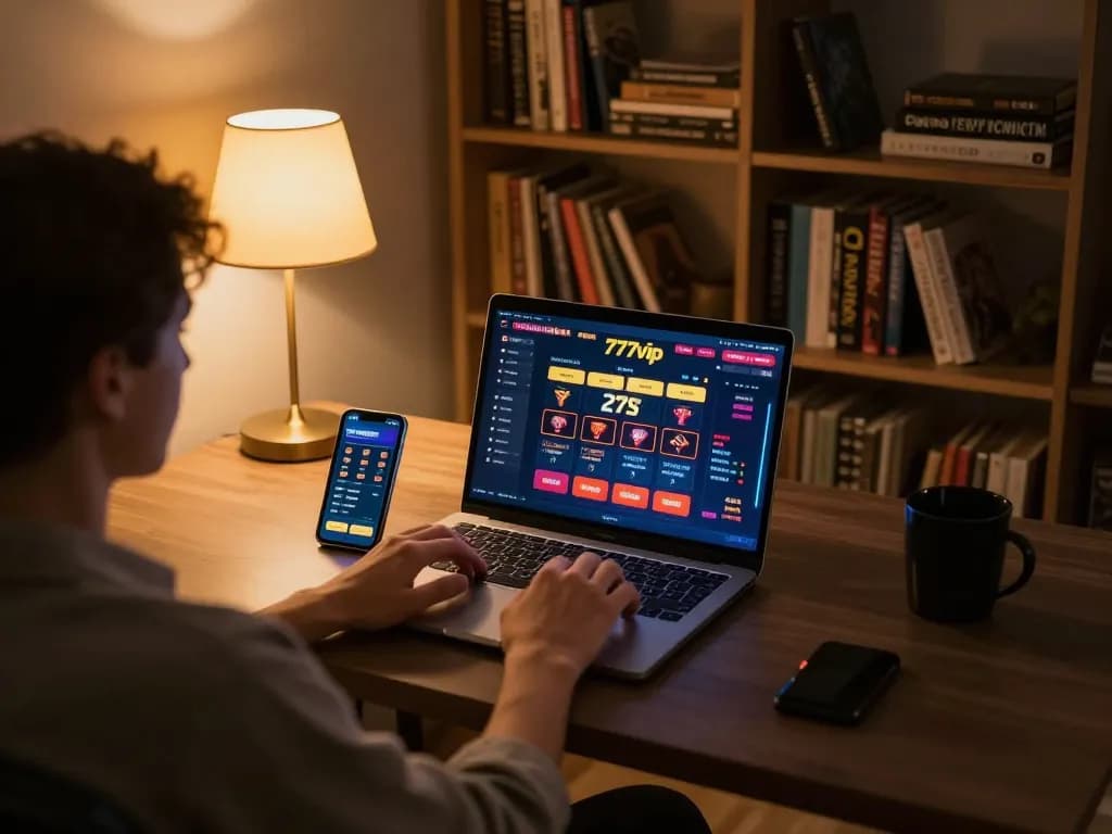 A player interacting with the 777vip online casino interface on a laptop in a cozy home gaming setup