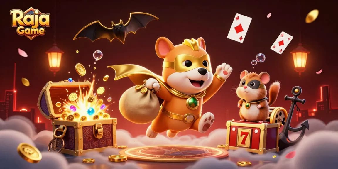 Win exciting rewards playing Raja Game as a superhero dog flies with golden coins amidst vibrant casino elements.