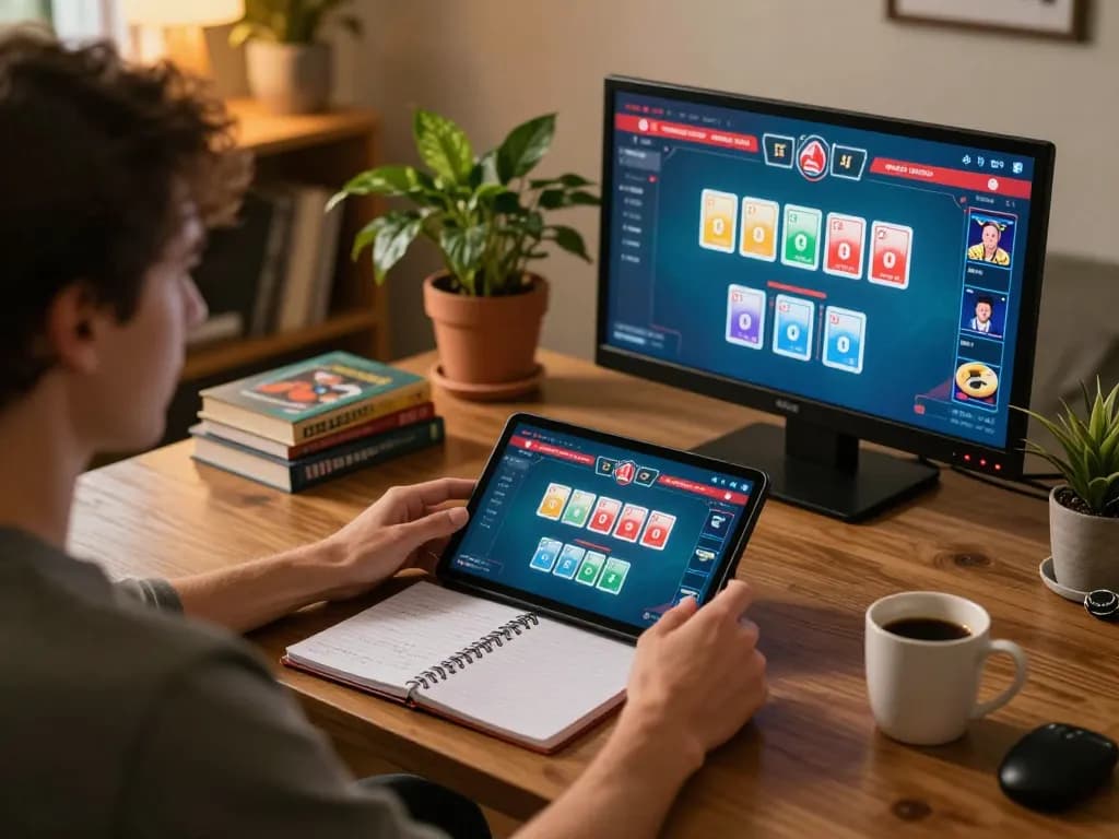 Engaging in online poker at home with 88vv app showcased on tablet screen, highlighting gaming strategy.
