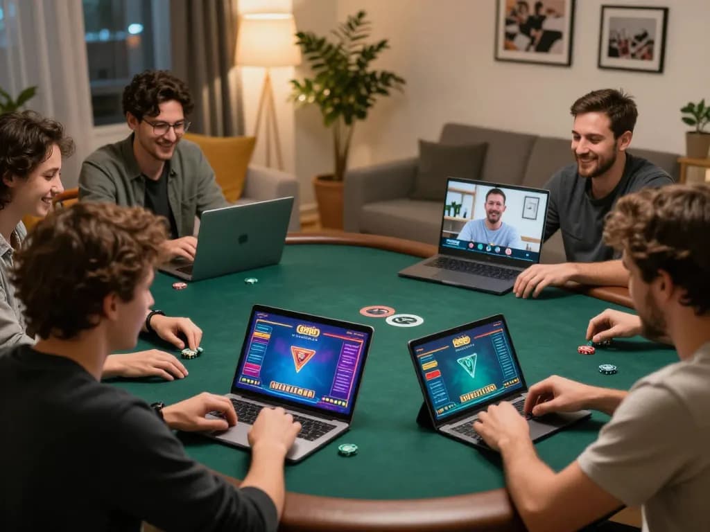 Players engaging in an interactive online poker game with 11win, showcasing screens and strategies in a cozy home.