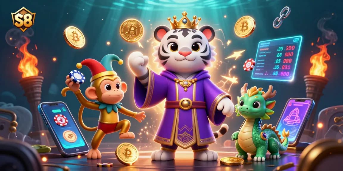 Experience the thrill at S8 with an interactive casino vibe featuring playful characters and vibrant elements.