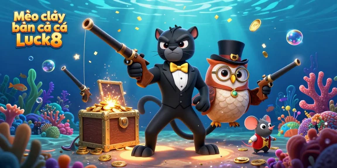 Mẹo chơi bắn cá Luck8 showcases vibrant underwater elements with stylish characters engaging in the fishing game.