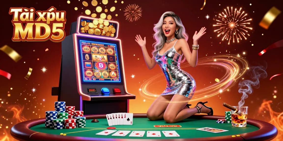 Tài xỉu MD5 players celebrating a jackpot win while surrounded by poker chips and casino elements.