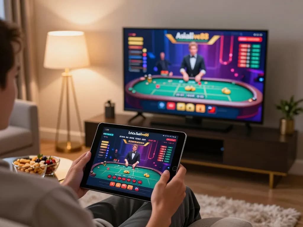Engaging with Live Chat Asialive88 while enjoying online casino gaming at home in a cozy setup.