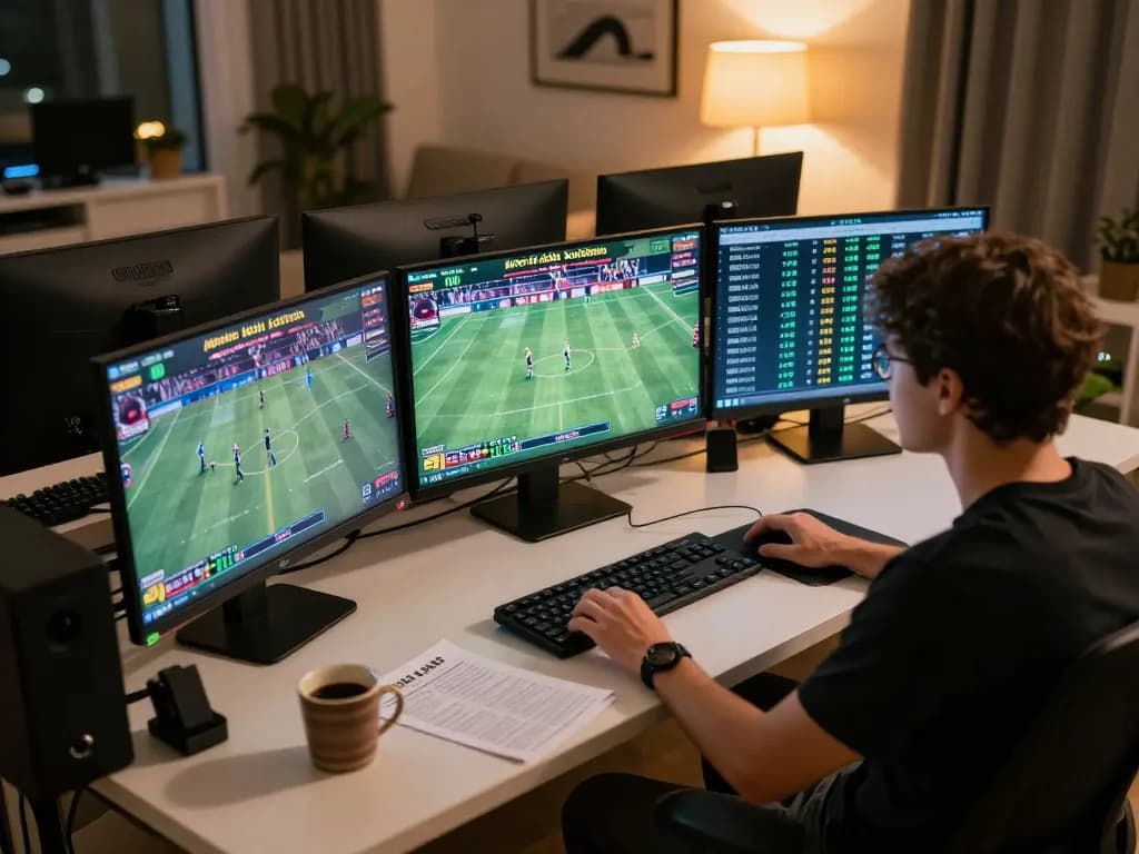 Engaging in online sports betting with kèo nhà cái odds displayed on multiple screens, strategic setup for improved odds understanding.