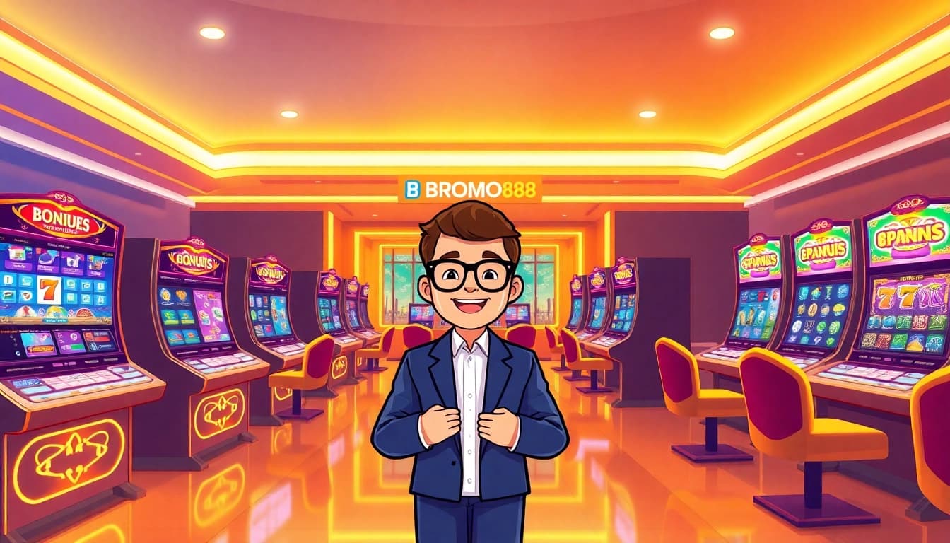 BROMO888 online gaming interface showcasing vibrant slot machines and interactive elements.