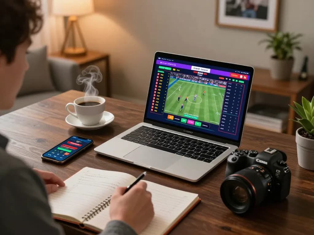 Engaging in strategic debet online sports betting at a stylish desk with laptop and notes.