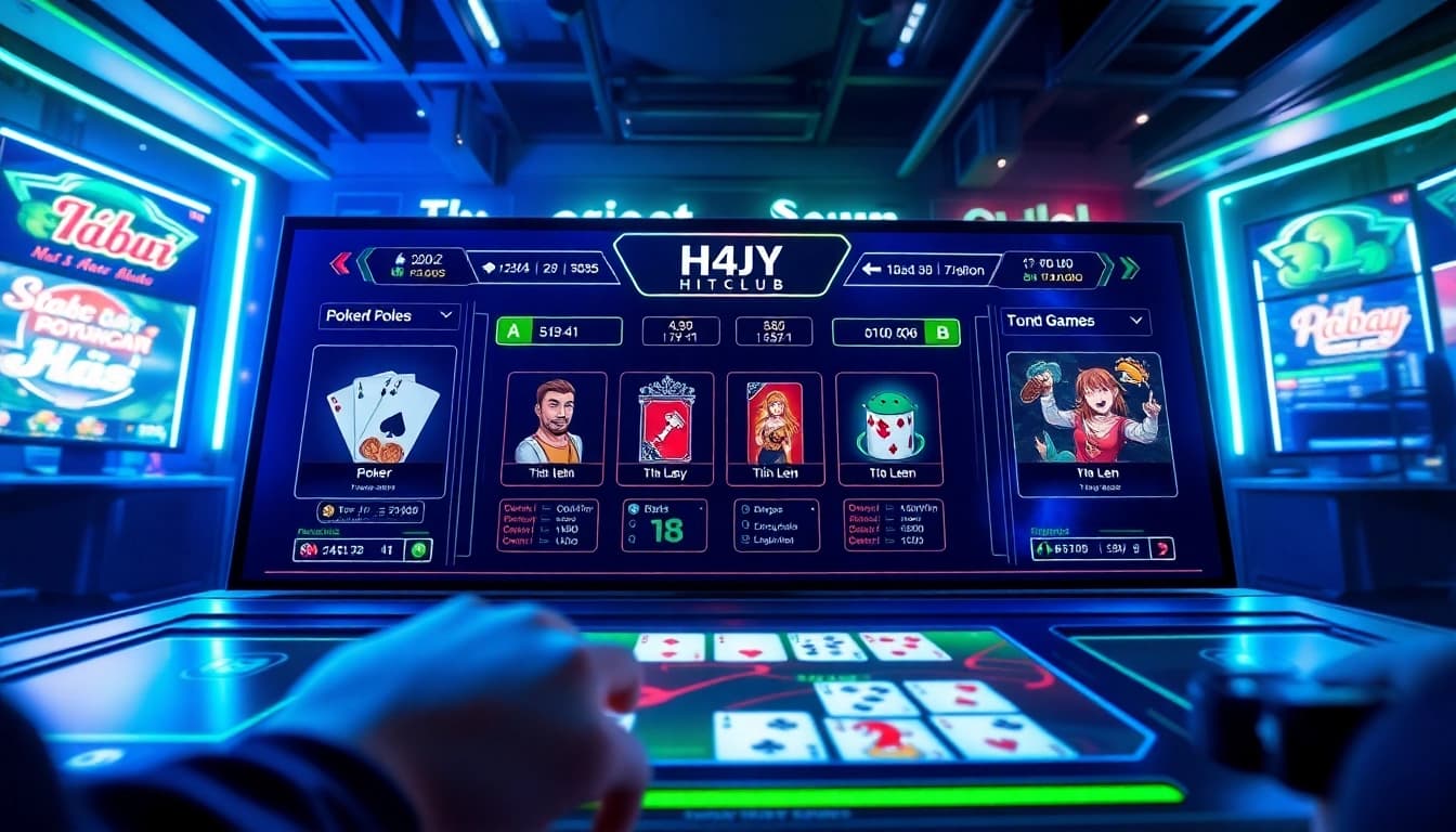 Hitclub gaming dashboard displaying thrilling card games and animated scoreboards.