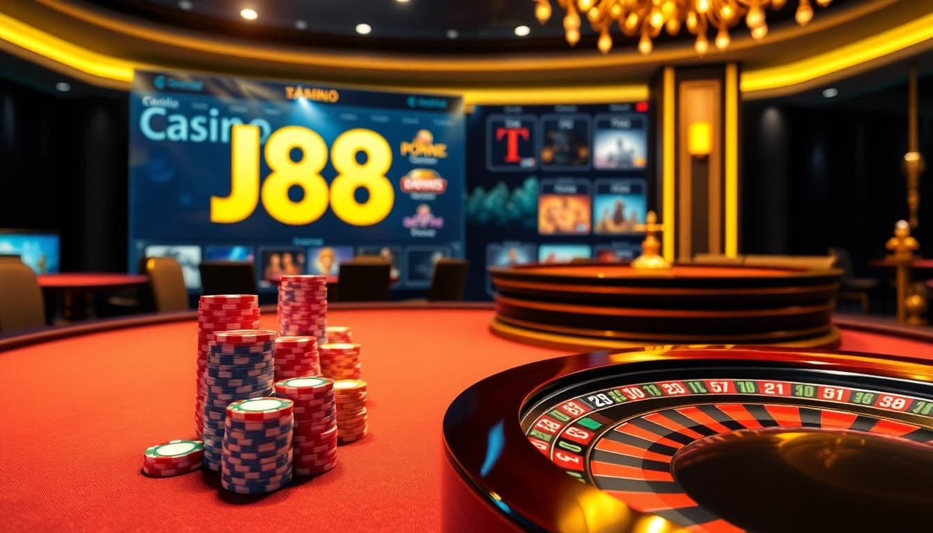 J88 casino experience with poker chips on a luxurious table and exciting gameplay.