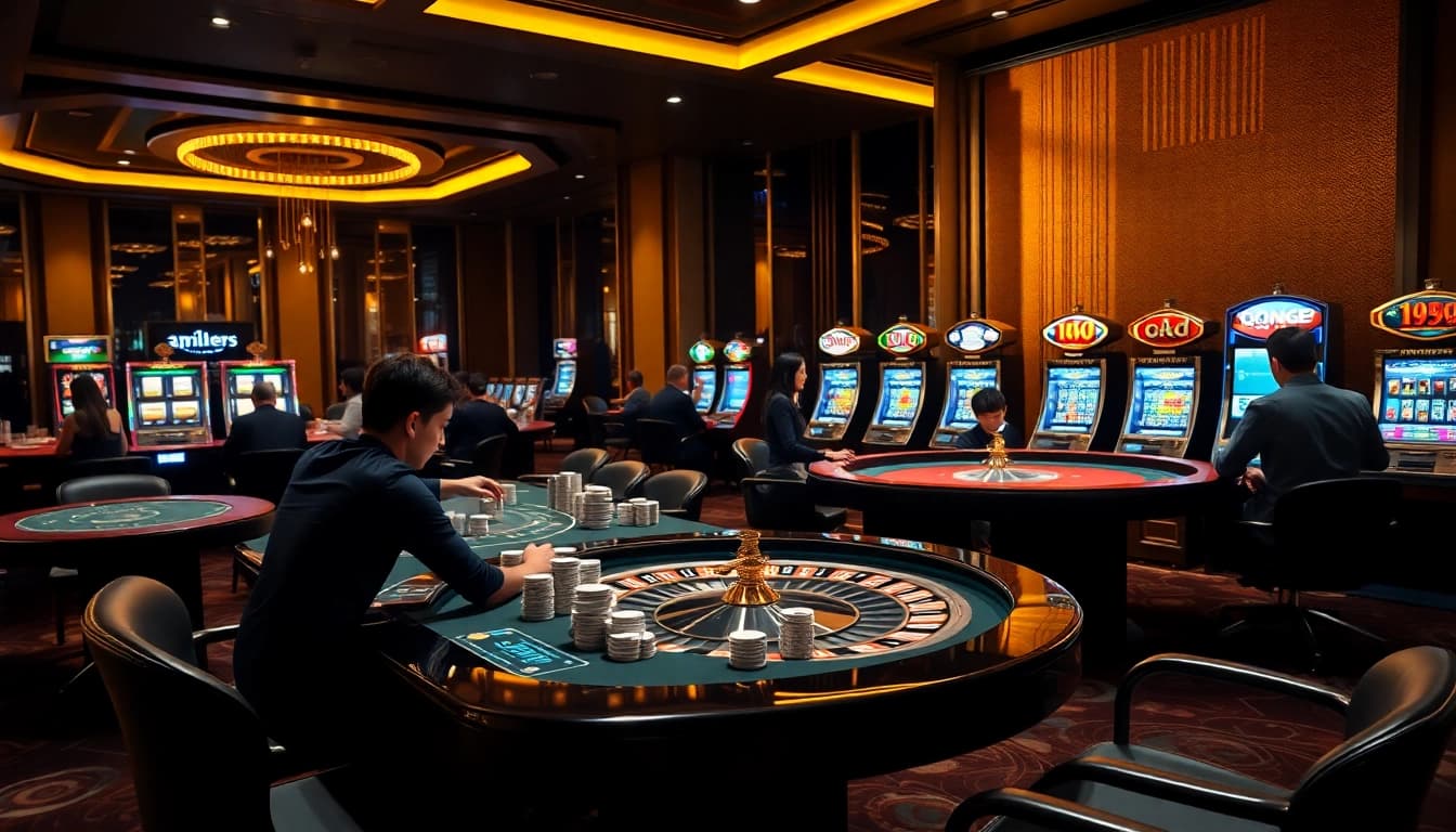Experience the thrilling atmosphere of uu88 with poker tables and glowing slot machines.