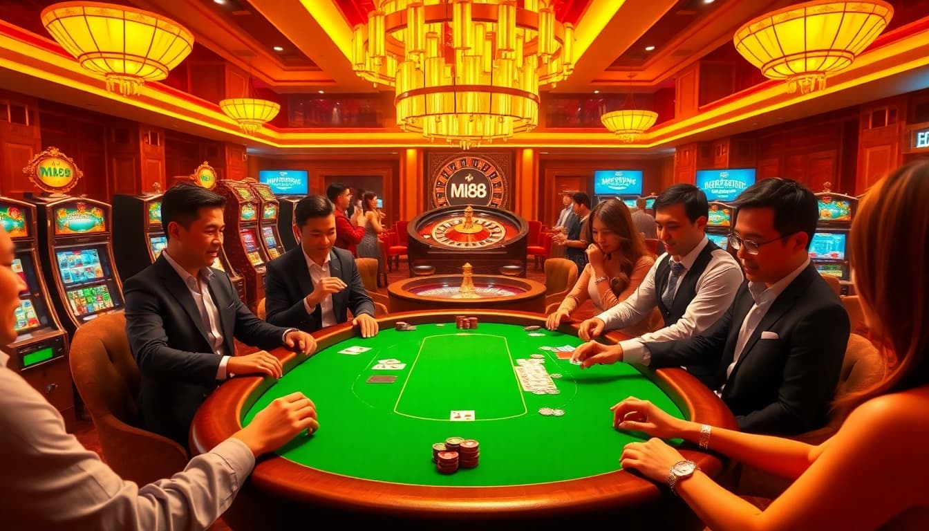 Players engaging in a high-stakes poker game at mi88, surrounded by vibrant casino visuals.