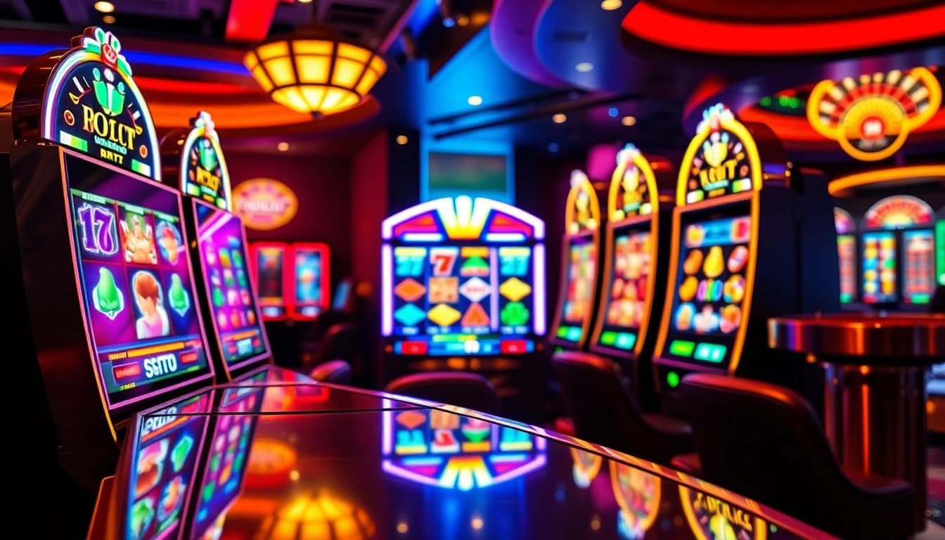Experience Slot Gacor excitement with vibrant slot machines in a luxurious casino setting.