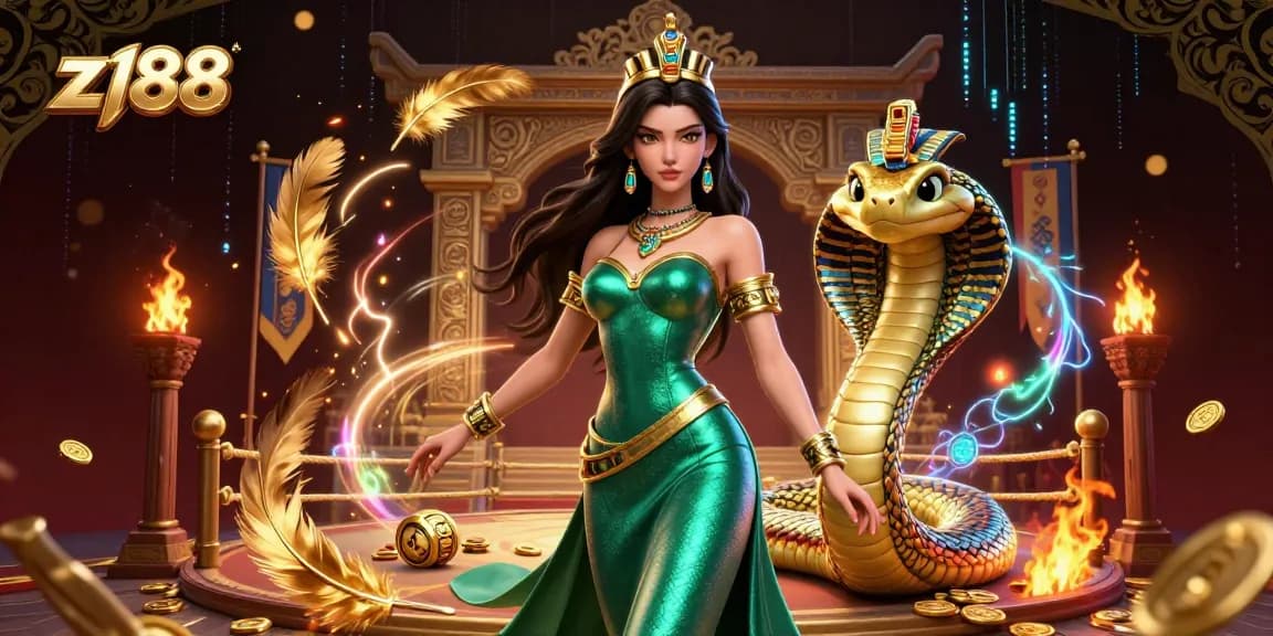 Experience z188 with immersive 3D casino art showcasing vibrant characters and gold elements.