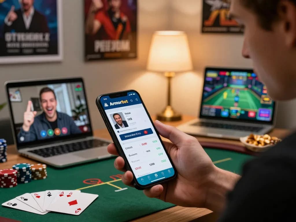 Pemain yang merencanakan strategi dengan aplikasi armorbet selama malam poker di rumah yang intens, menekankan kesenangan kompetitif.