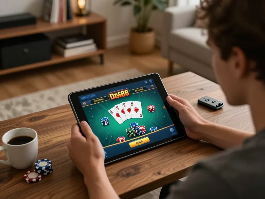 Player engaging with dash88 online casino interface on tablet in a cozy home setting