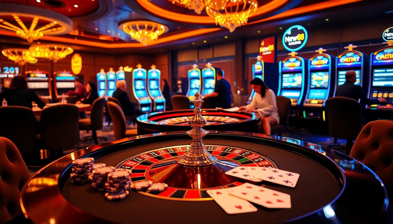 new88 players engaging at a vibrant roulette table in a luxurious casino setting.