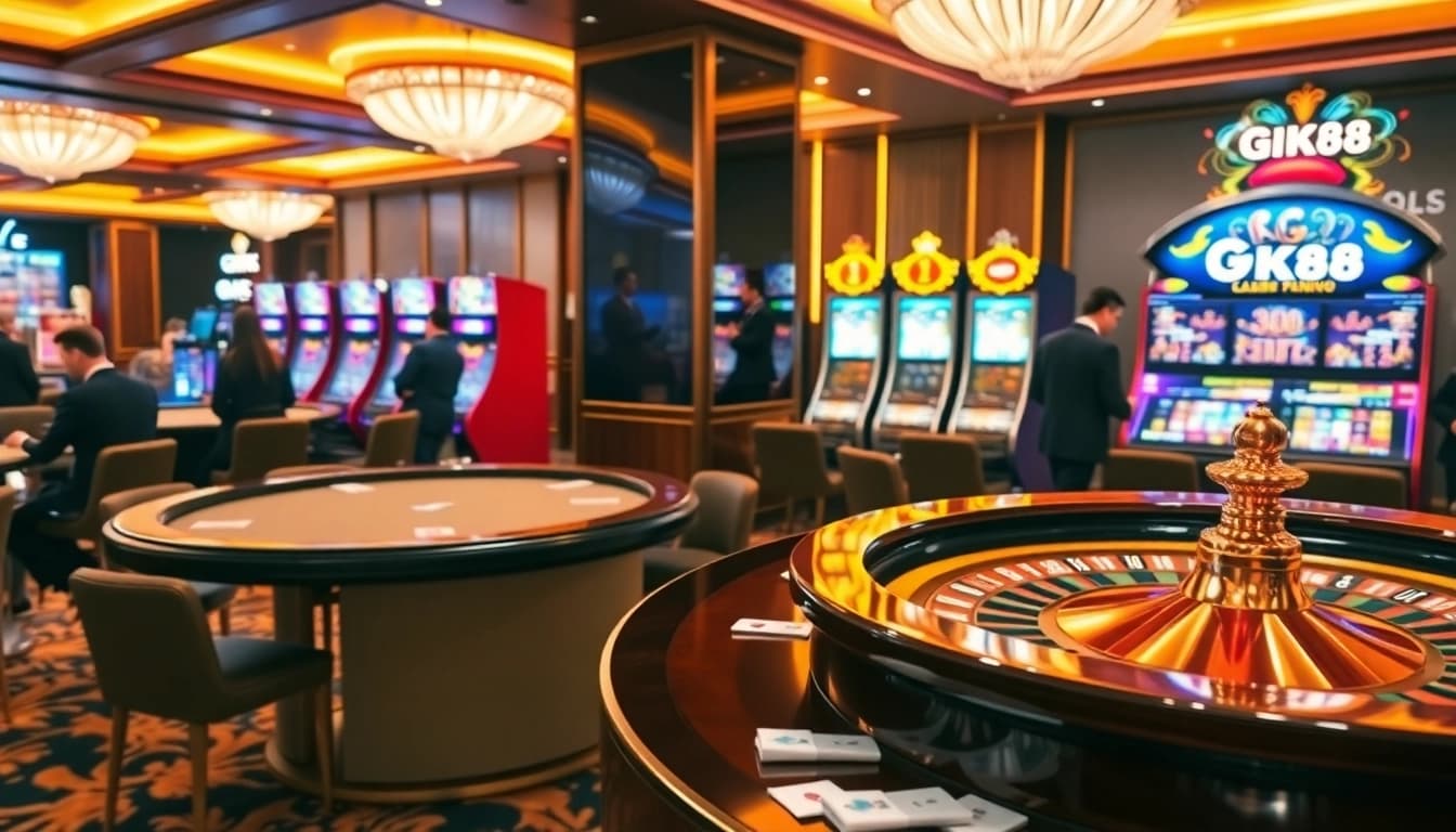 Gamble big at GK88 with colorful casino tables and vibrant slot machines.