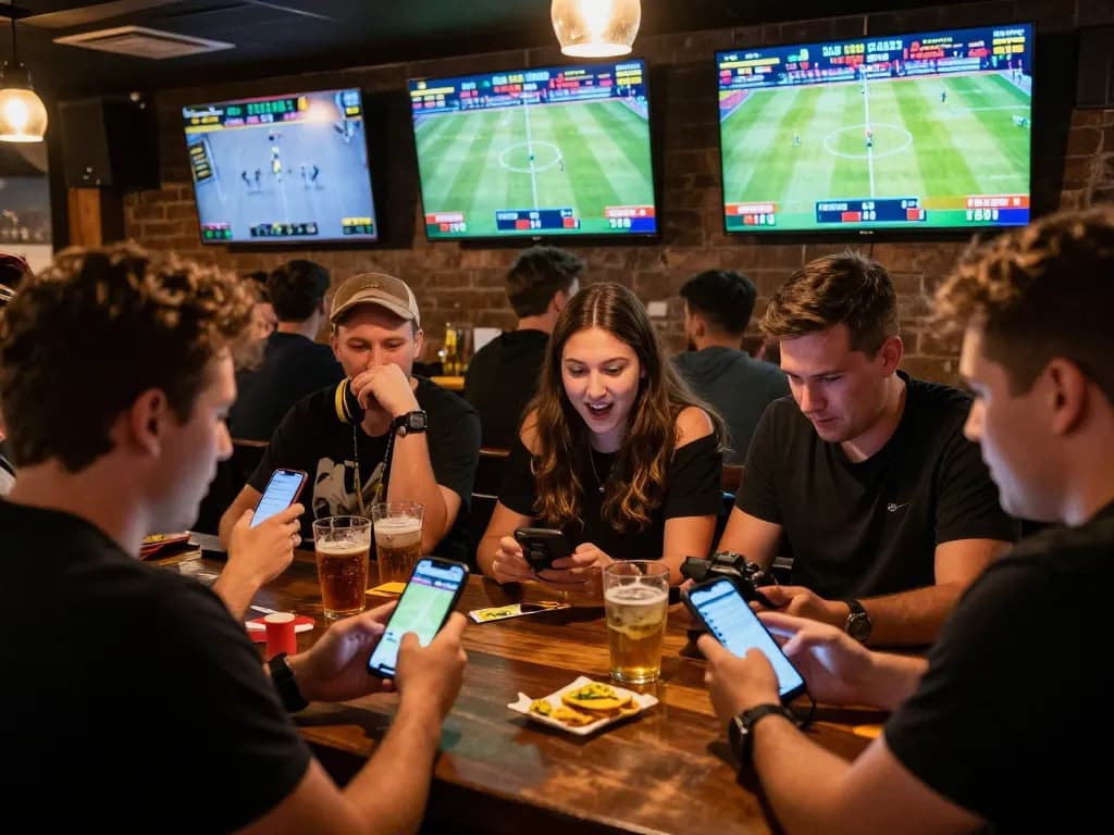 Fans placing bets using ku88 app while watching live sports on multiple screens.