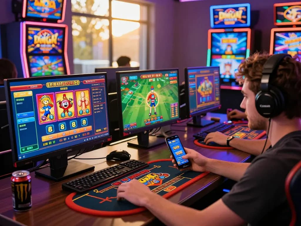 Enthusiastic player enjoying 32win casino games on desktop and mobile devices in a vibrant gaming atmosphere.