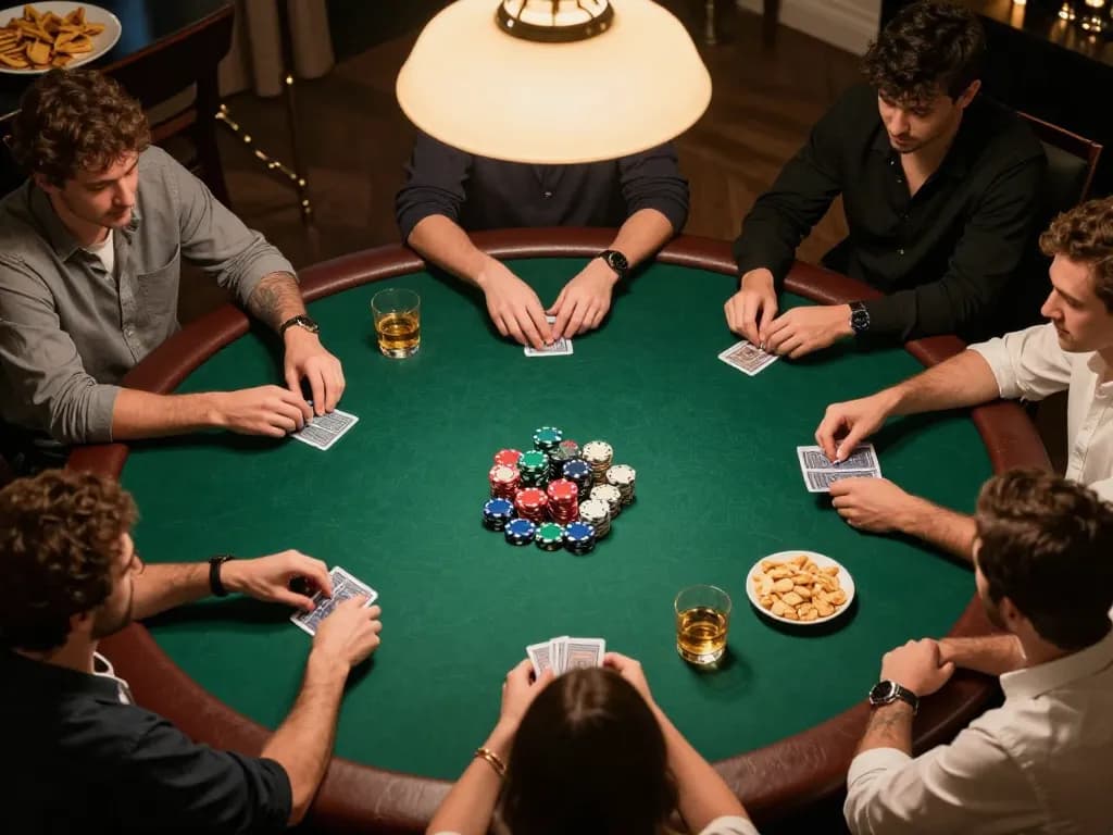 Excited players engage in a strategic poker game with nhà cái mm88 theme in a cozy home setting.